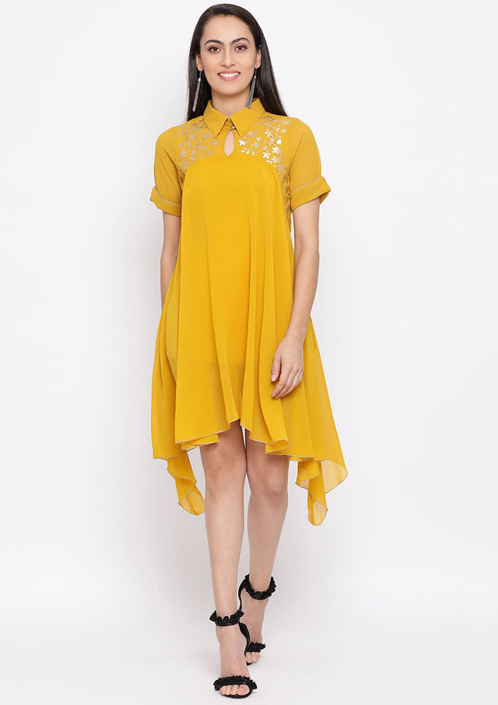 Draax Fashions Women Yellow Solid Embellished  Dress