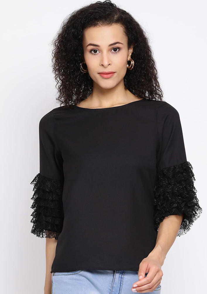 Draax Fashions Women Black Solid Top With Net Sleeves