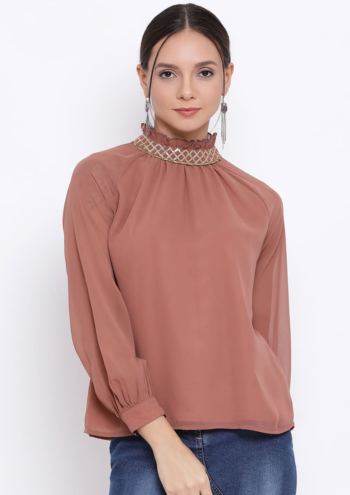 Draax Fashions Women Brown Solid Embellished  Top