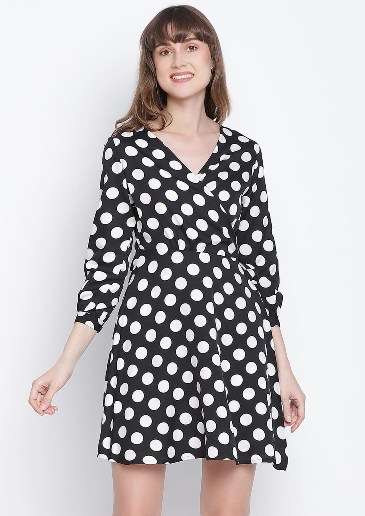 Draax Fashions Women Black A-Line Dress With White Polka Dots