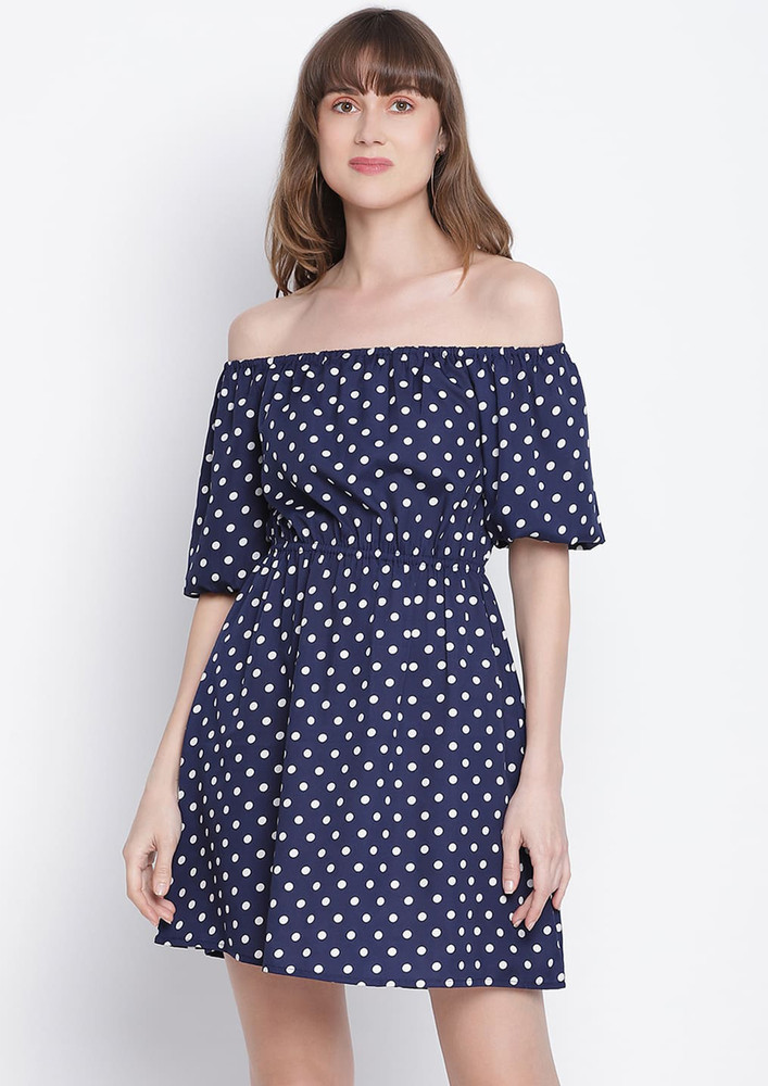 Draax Fashions Women Blue Polka Dot Off-Shoulder A-Line Dress