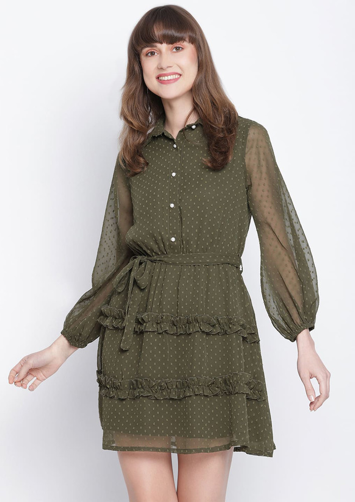 Draax Fashions Women Olive Green Dress With Net Sleeves