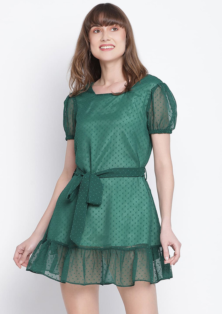 Draax Fashions Women Green Net Flared A-line Dress
