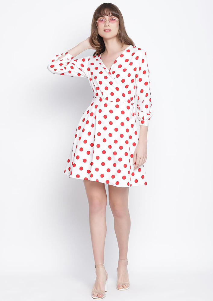 Draax Fashions Women White A-Line Dress With Red Polka Dots