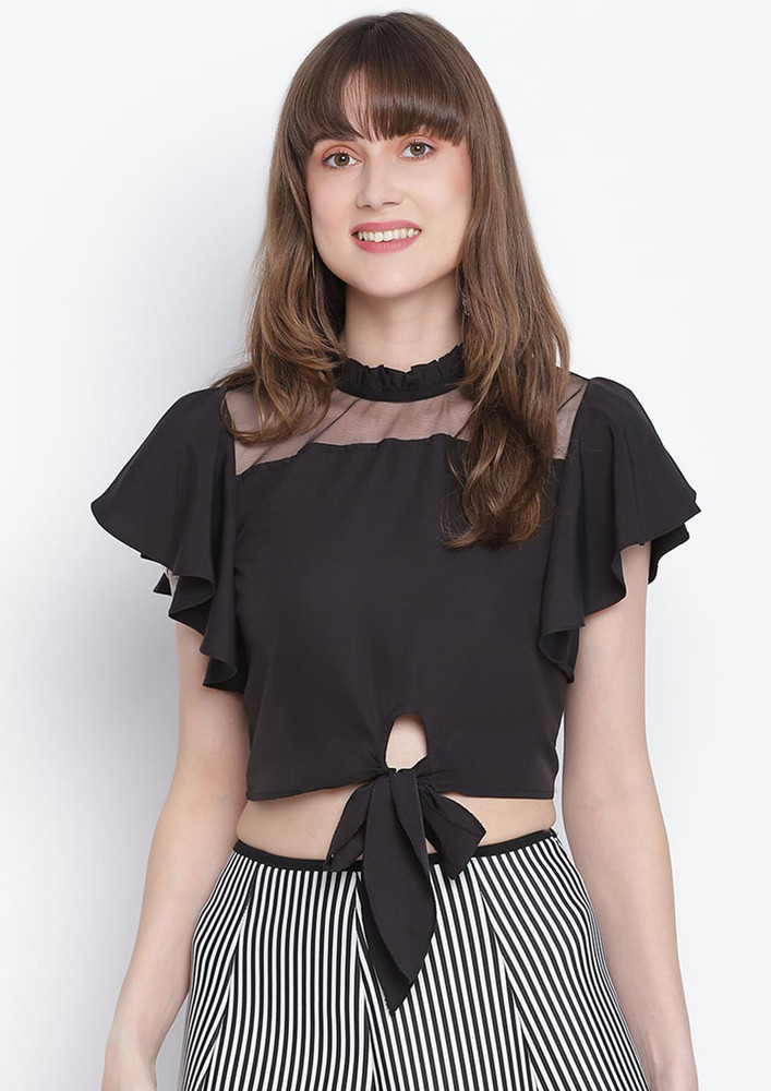 Draax Fashions Women Solid Black Top With Front Knotted Belt