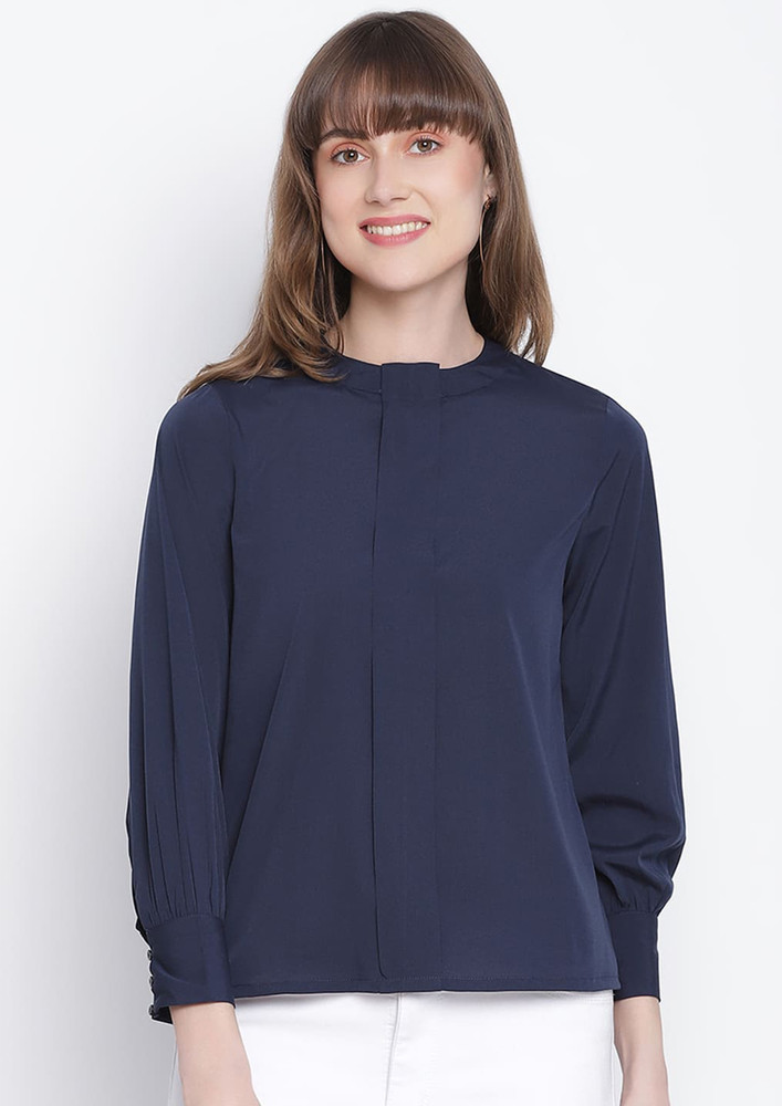 Draax Fashions Women Navy Blue Long Sleeves Front Pleat Top