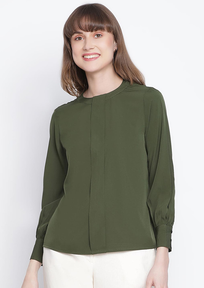 Draax Fashions Women Green Long Sleeves Front Pleat Top