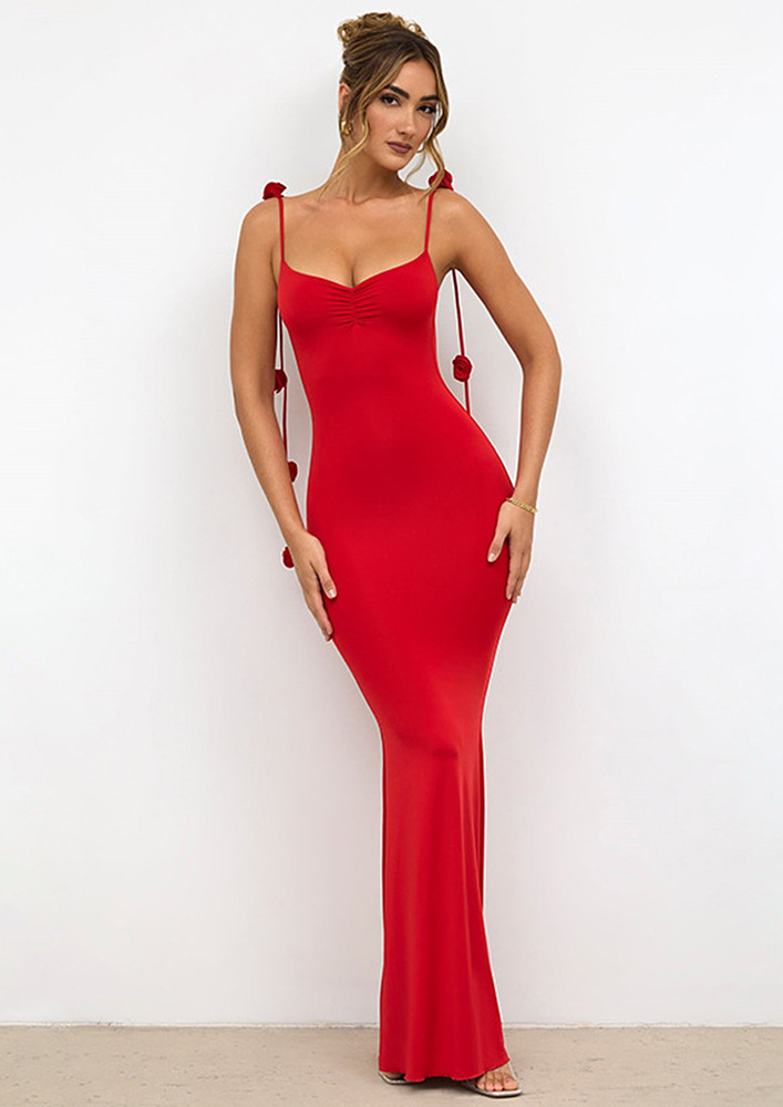 Red Flora-strap Fishtail Backless Dress
