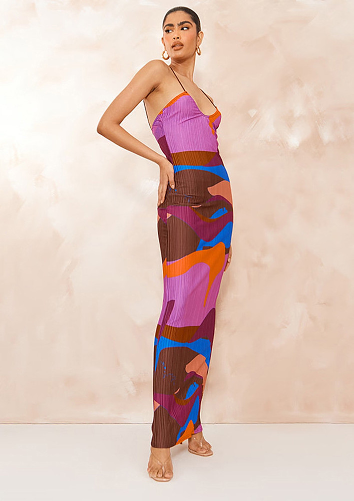 Purple Abstract Print Long Crinkled Dress