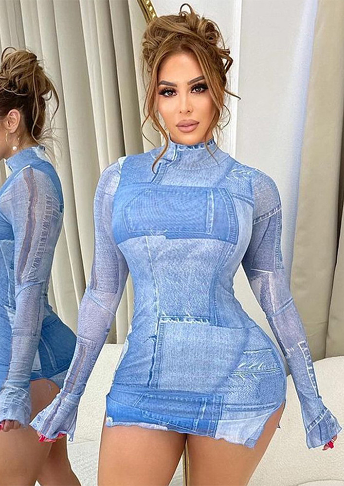 Blue Printed Turtleneck Side Slit Bodycon Dress