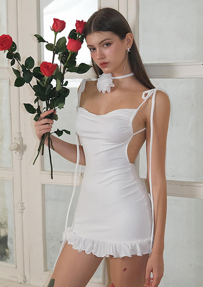 White Ruched Tie-up Shoulder Dress