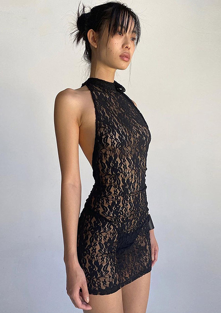 TRANSPARENT BLACK BACKLESS LACY BODYCON DRESS