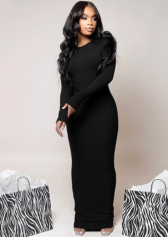 BLACK KNITTED BODYCON LONG DRESS