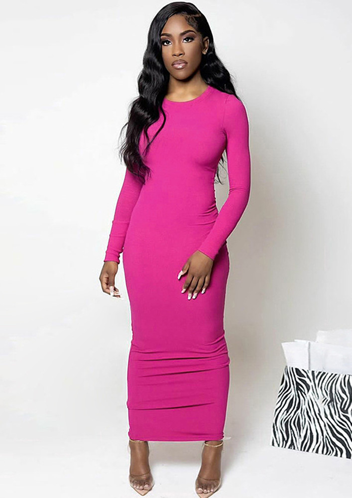 ROSE RED KNITTED BODYCON LONG DRESS
