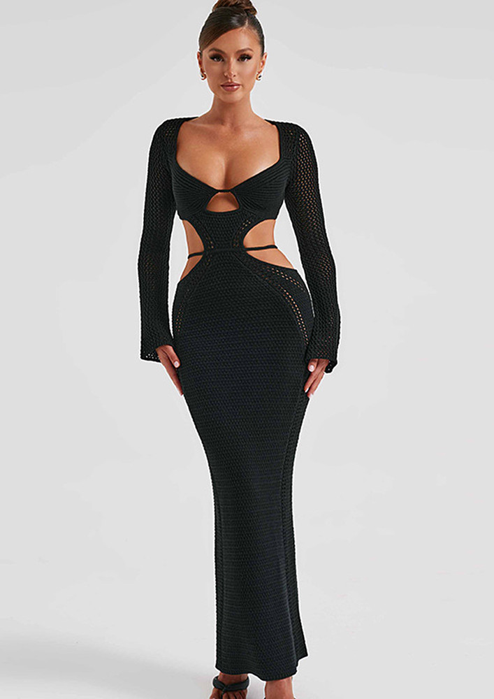 BLACK KNITTED BACKLESS TIE-STRING MAXI DRESS