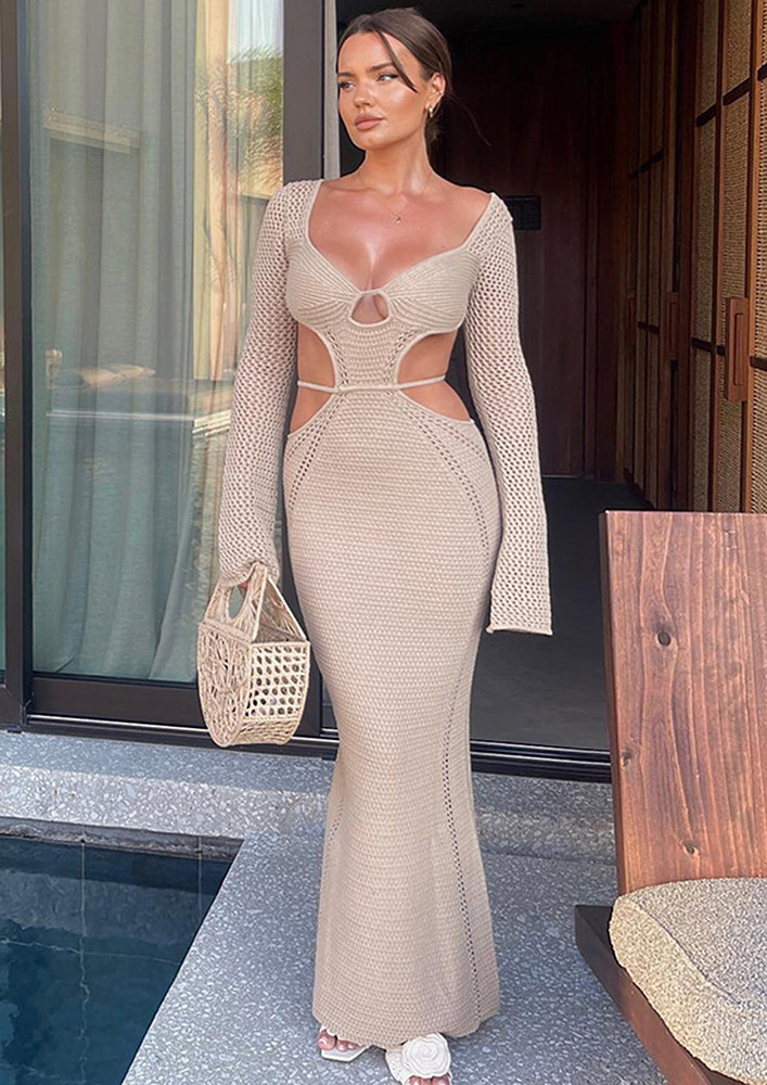KHAKI KNITTED BACKLESS TIE-STRING MAXI DRESS