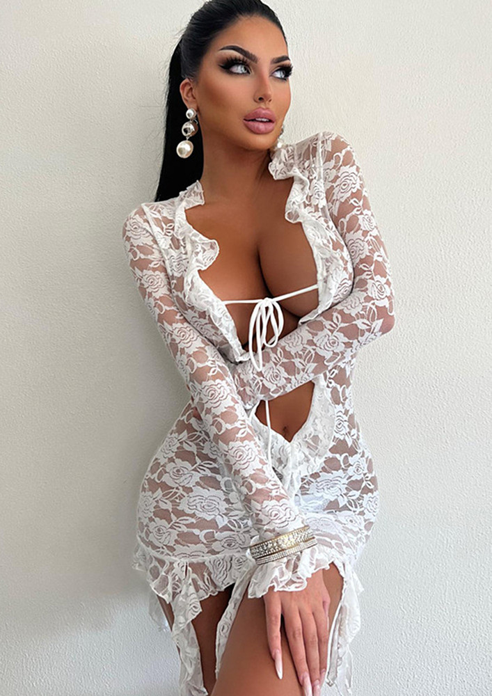 TIE-UP WHITE FRONT OPEN LACE BODYCON DRESS