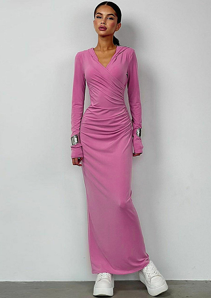 Pink Hooded Sheath Long Dress