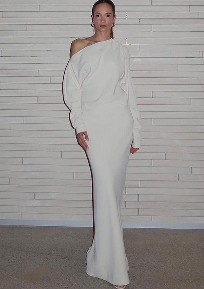 White Long Sleeved Asymmetrical Dress