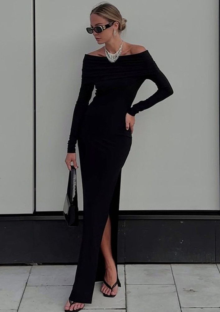 Black Off-the-shoulder Side Slit Long Dress
