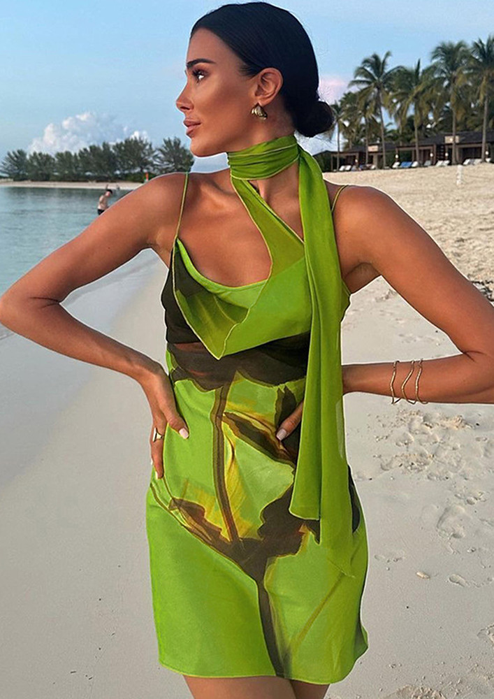 Printed Green Dress W/ Attached Neck Scarf