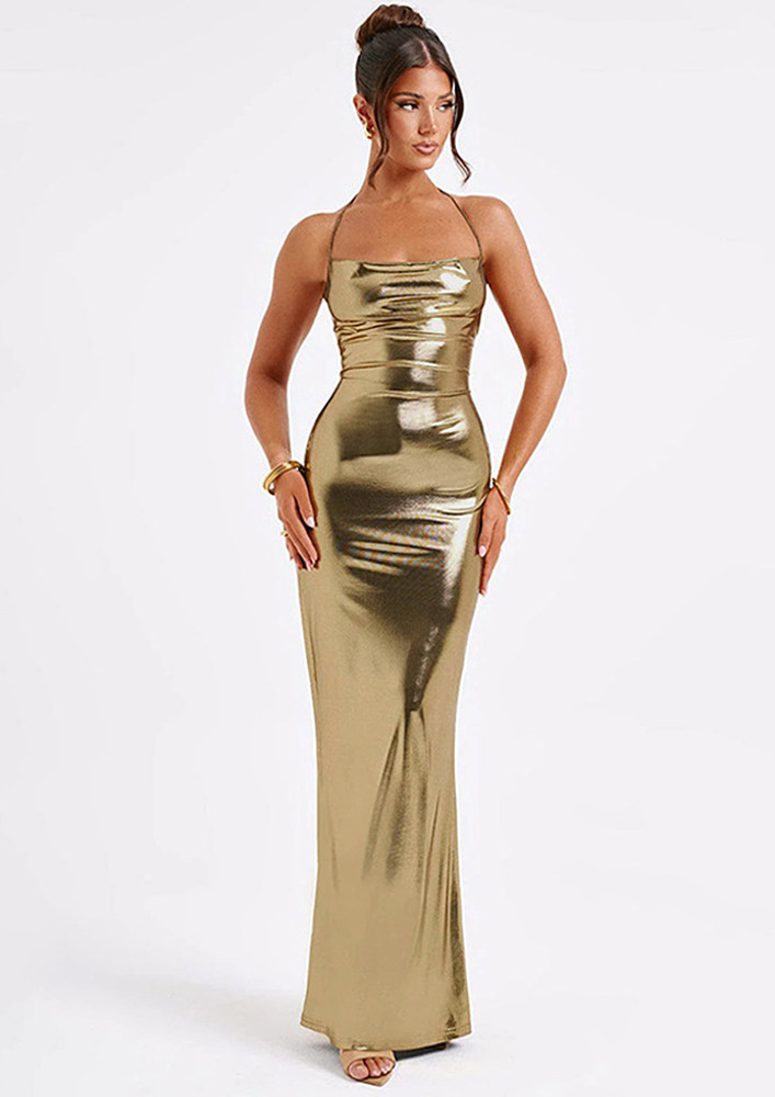 Metallic Golden Halter Neck Long Dress