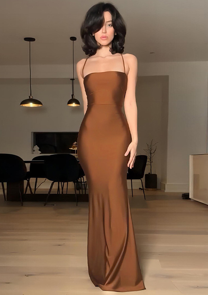 Brown Tie-up Back Fishtail Long Dress