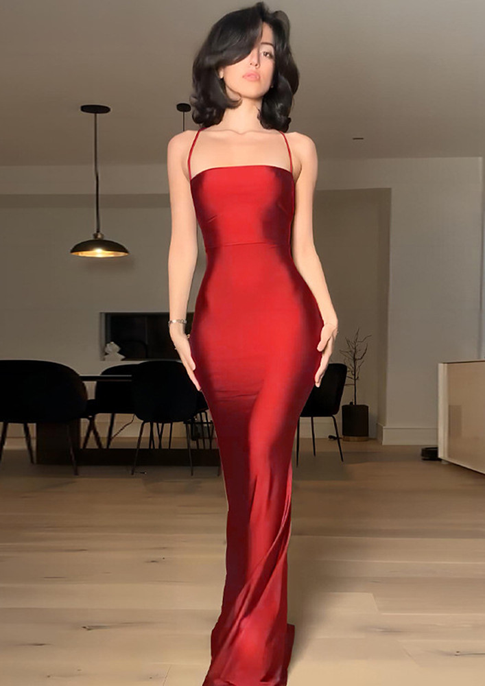 Red Tie-up Back Fishtail Long Dress