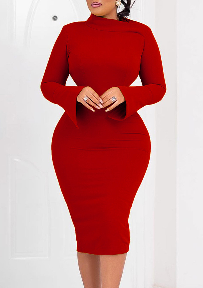 RED MOCK NECK FITTED FORMAL DRESS