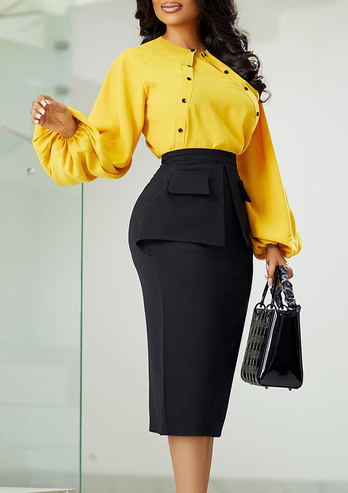 YELLOW BUTTON-DETAIL BLOUSE AND PENCIL SKIRT SET