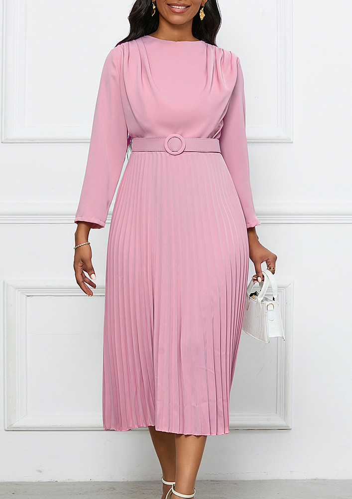 Pink Pleated Column Midi Dress
