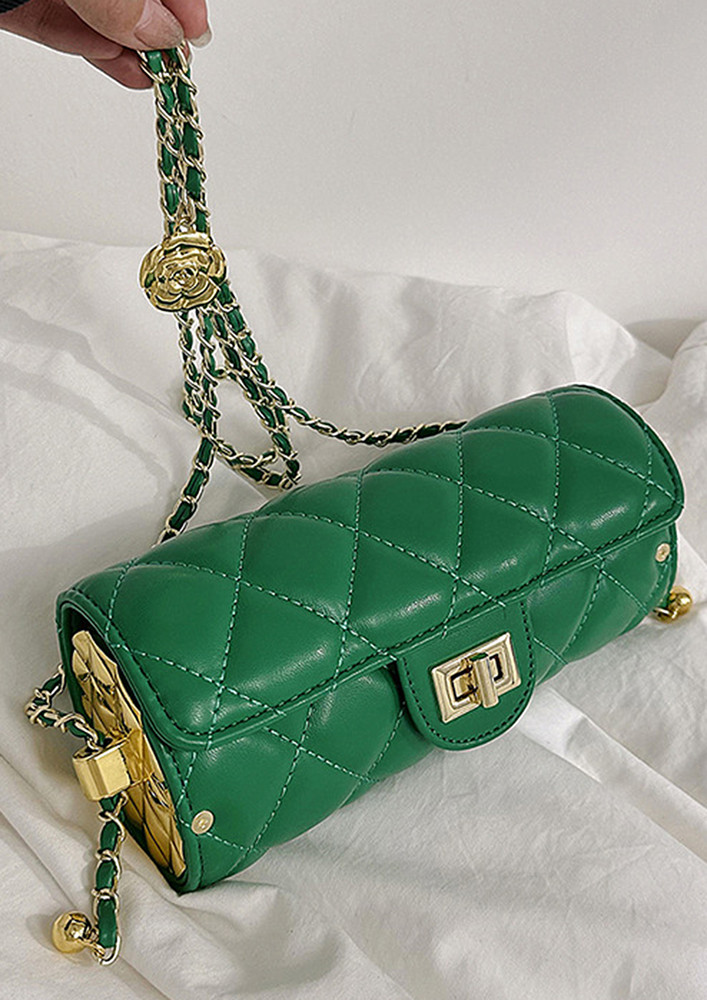 GREEN QUILTED FLAP FRONT CROSSBODY BAG