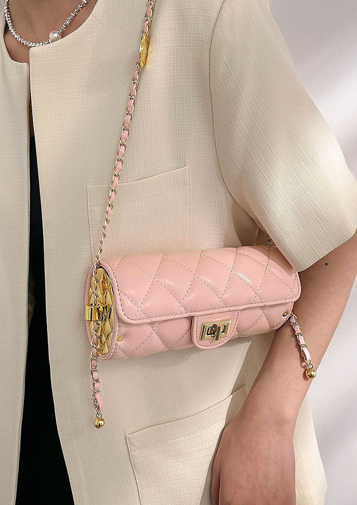 PINK QUILTED FLAP FRONT CROSSBODY BAG