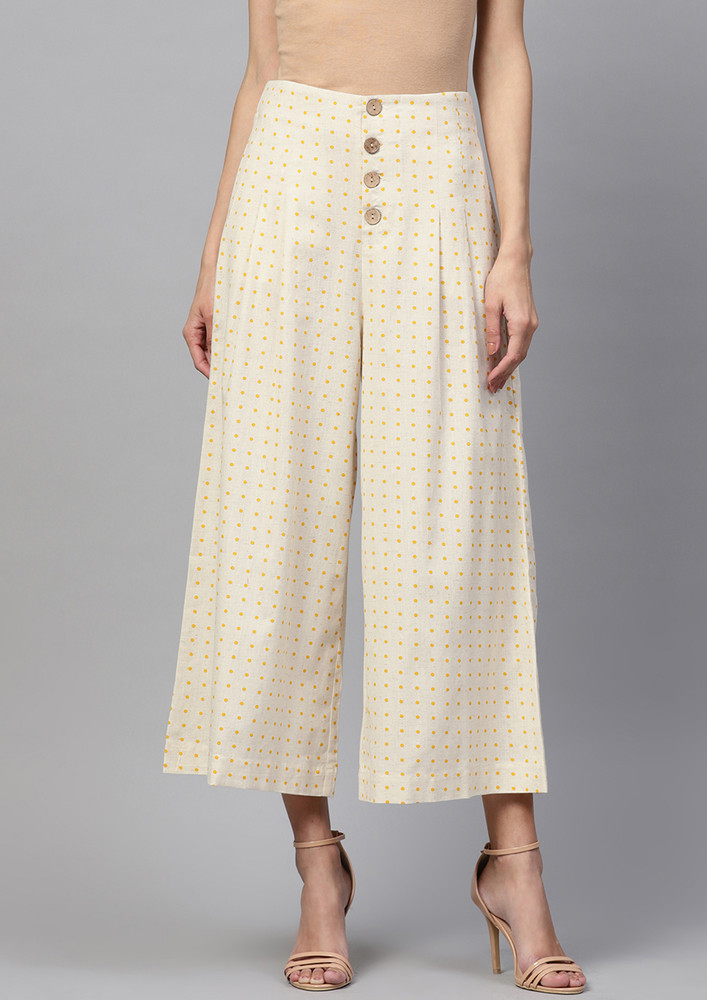 Beige Polka Wood Button Culottes Pant