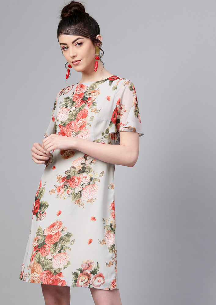 Grey Floral Flared Sleeve A-line Dress