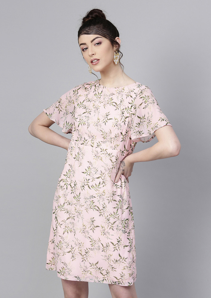 Pink Floral Flared Sleeve A-line Dress