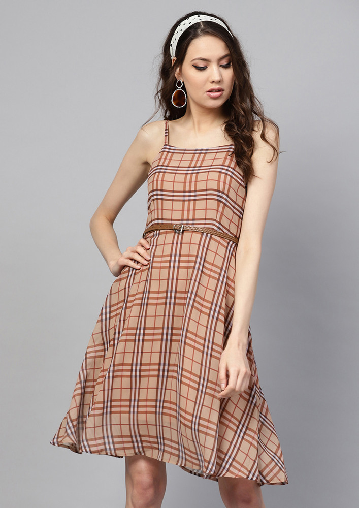 Brown Check Strappy Flared Dress