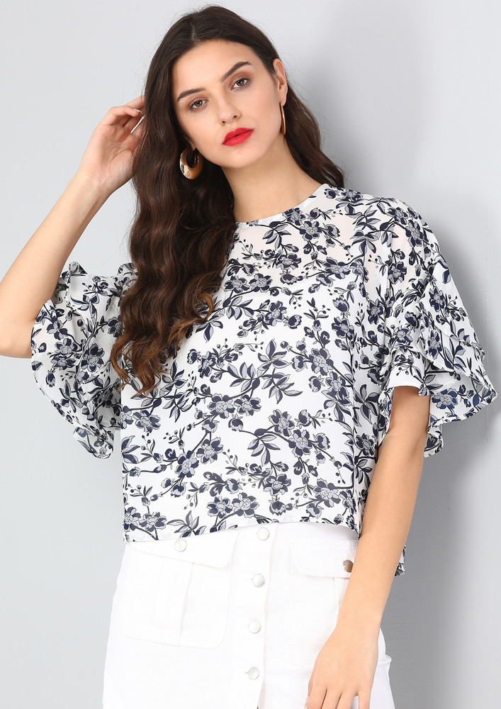 White & Navy Floral Ruffled Sleeve Top