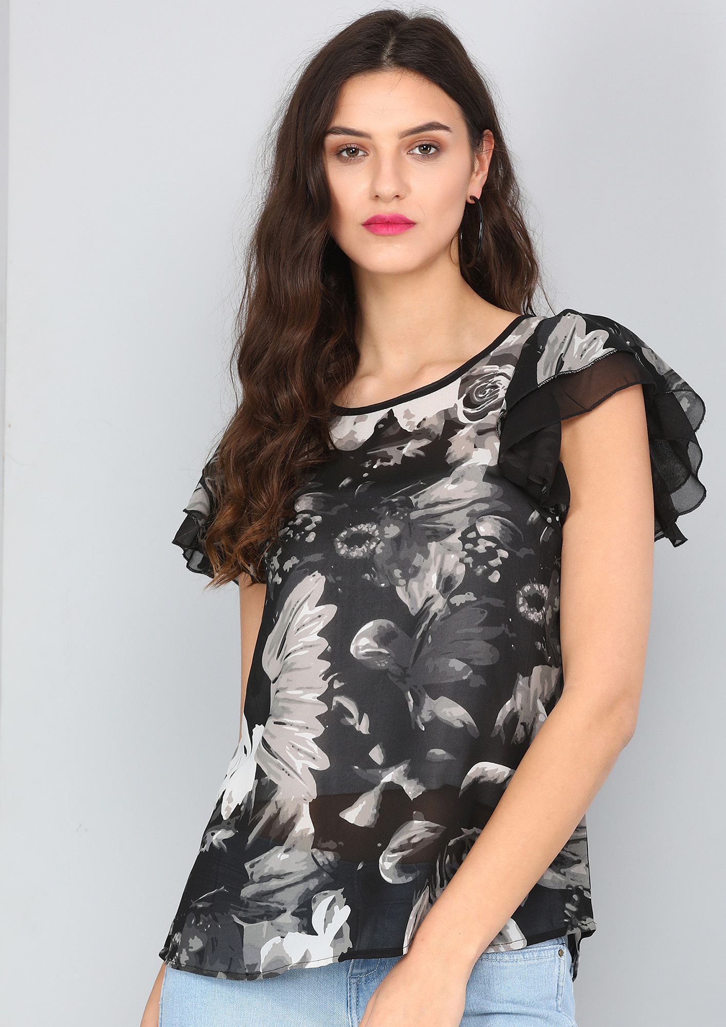 Black Floral Frill Sleeve Top