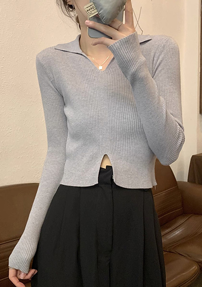 RIB-KNIT GREY FREE SIZE FITTED TOP