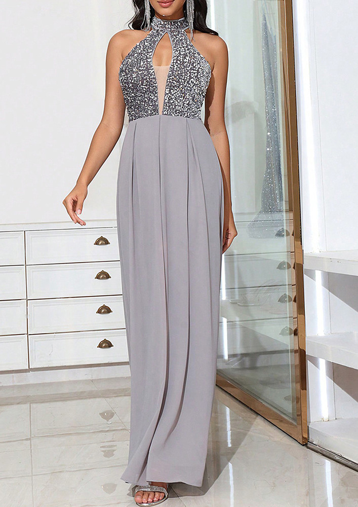 A-LINE SILVER SEQUIN BACKLESS MAXI DRESS