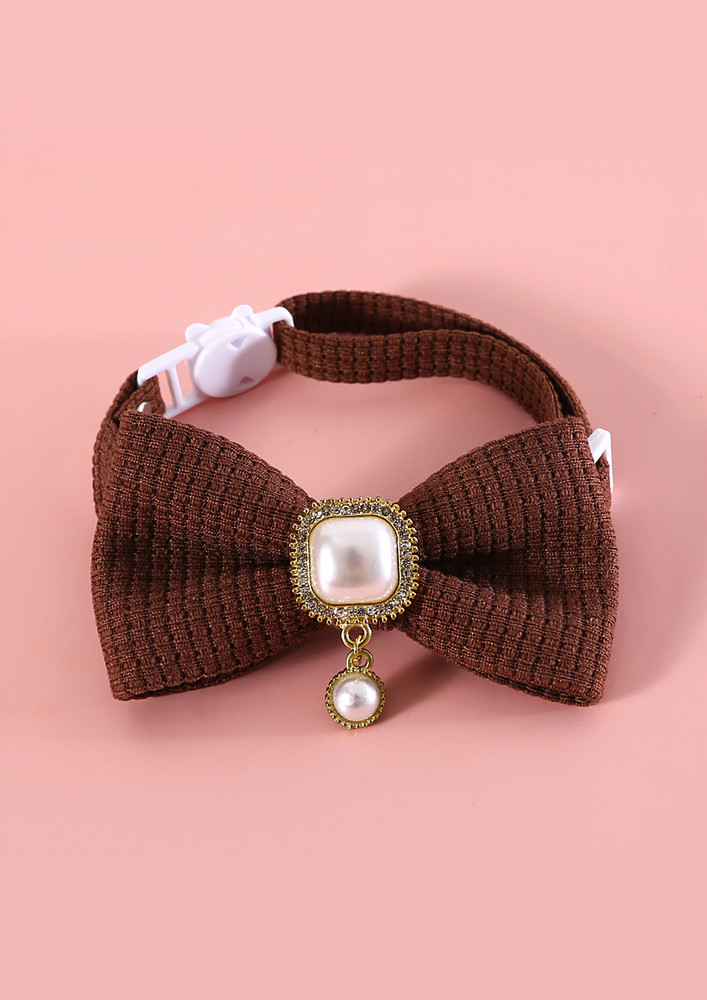 Brown Waffle-knit Imitation Pearl Pet Collar 