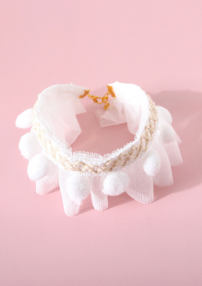 White Pom-pom Embroidered Cat Collar