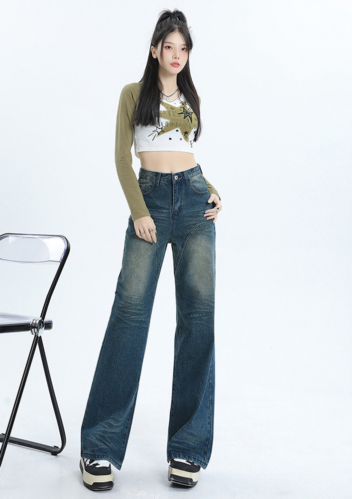 WASHED-DETAILED WIDE LEG BLUE JEANS
