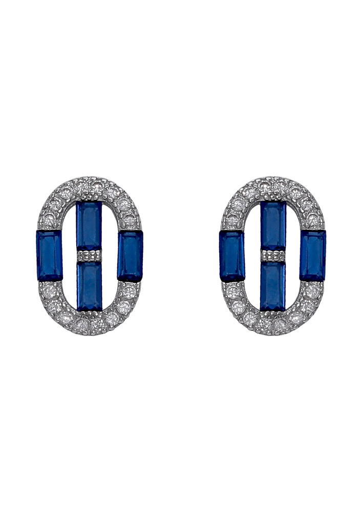 Silver Sapphire Blue Oval Earrings