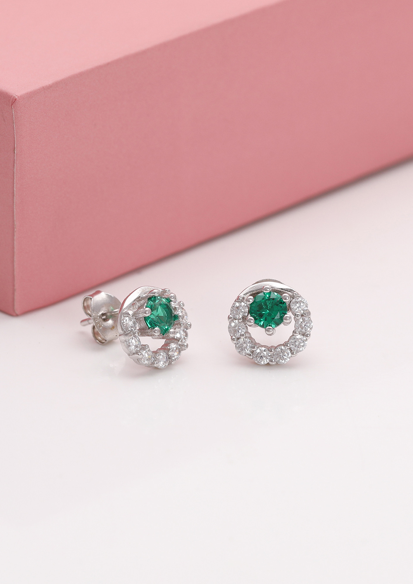 Silver Emerald Green Halo Stud Earrings