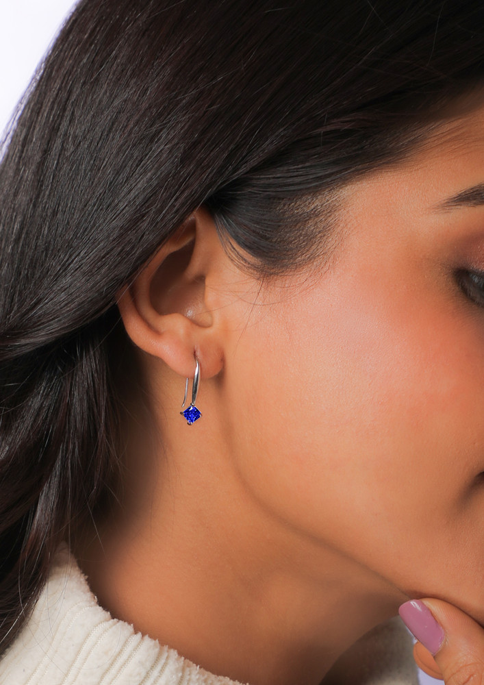 Silver Sapphire Blue Square Earrings