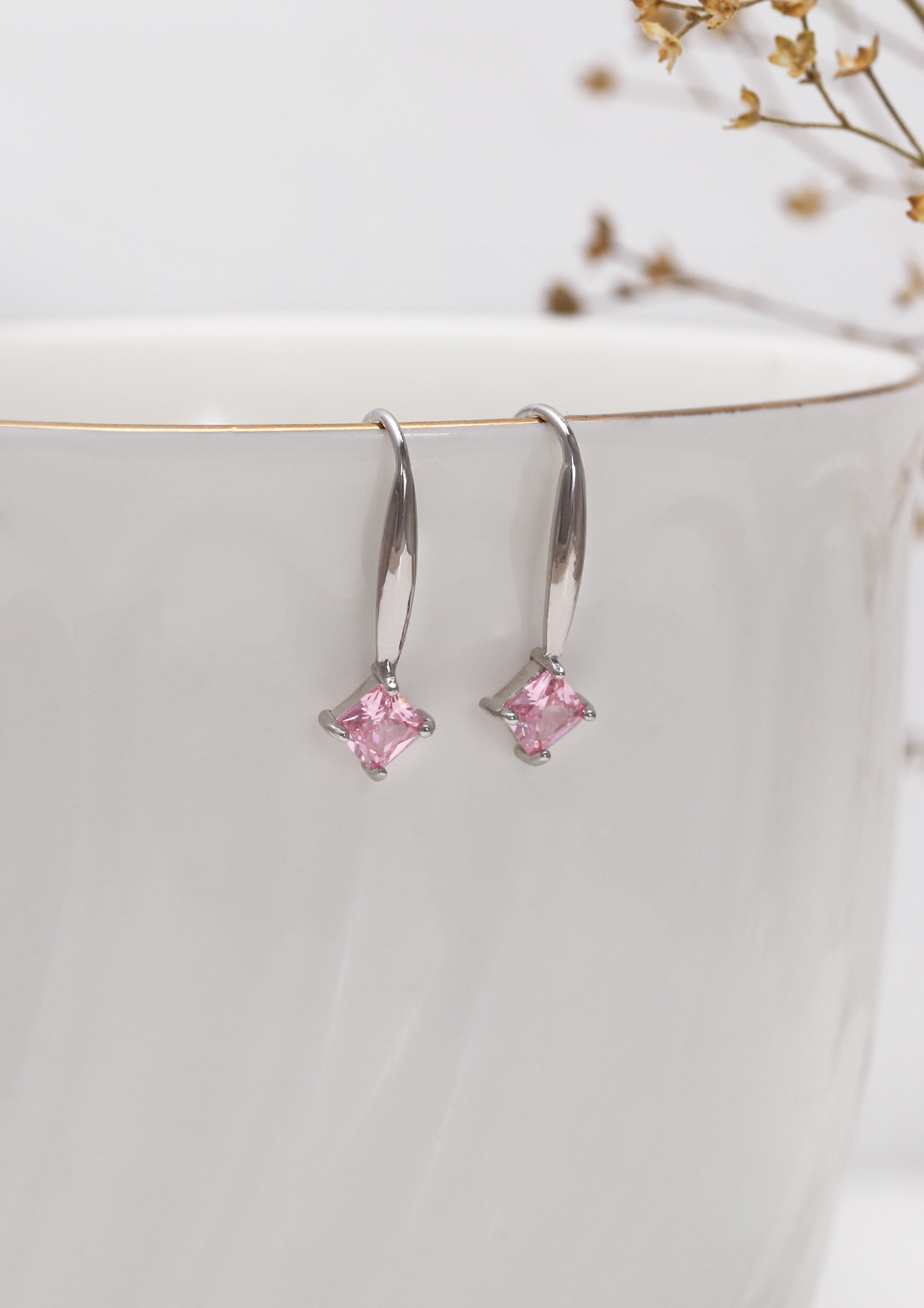 Silver Baby Pink Square Earrings
