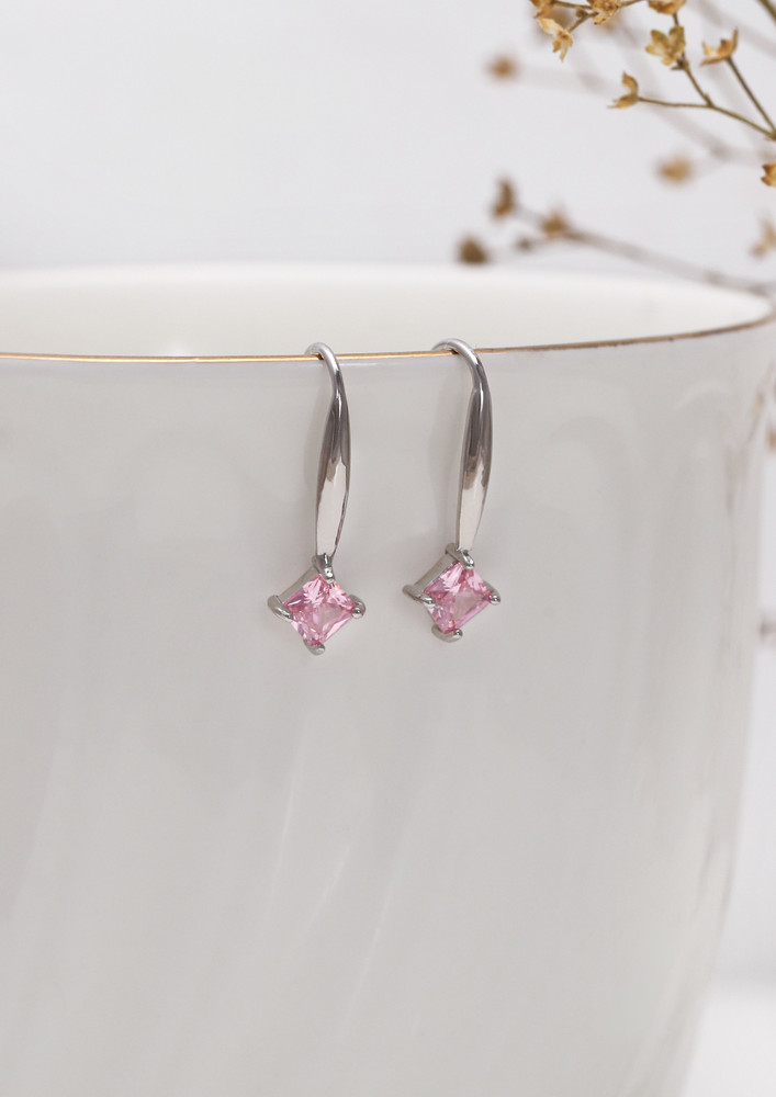 Silver Baby Pink Square Earrings