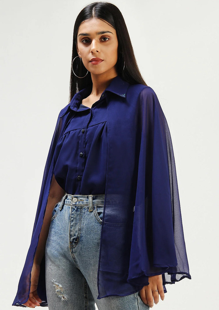Taggd Ex-navy Blue Cape Sleeves Shirt